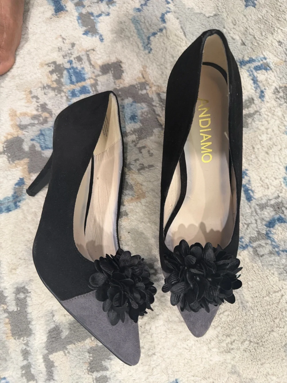 Black Pointed Toe Floral Accent Heels